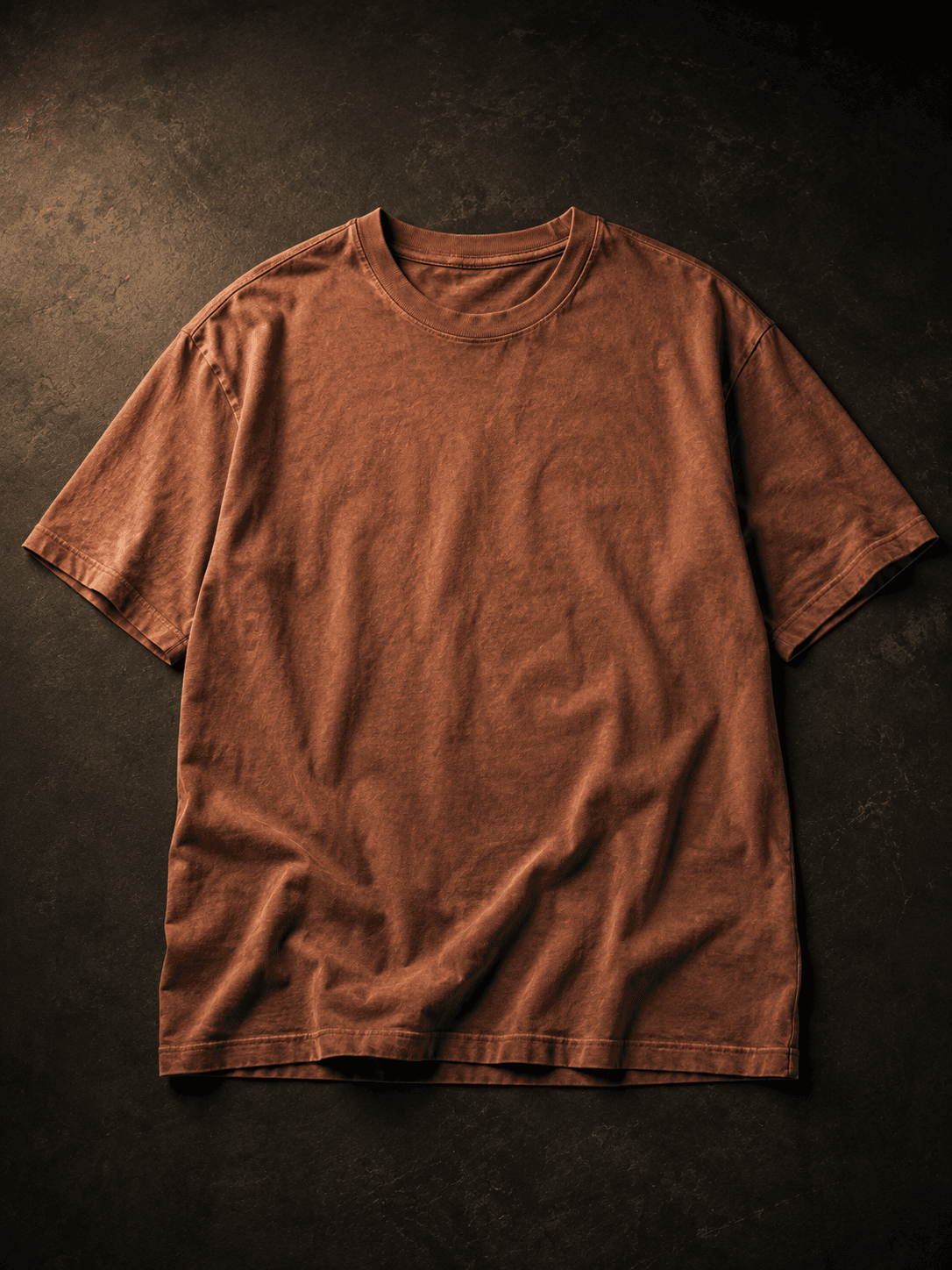 Garment-dyed tee in clay, laid flat with visible fabric texture