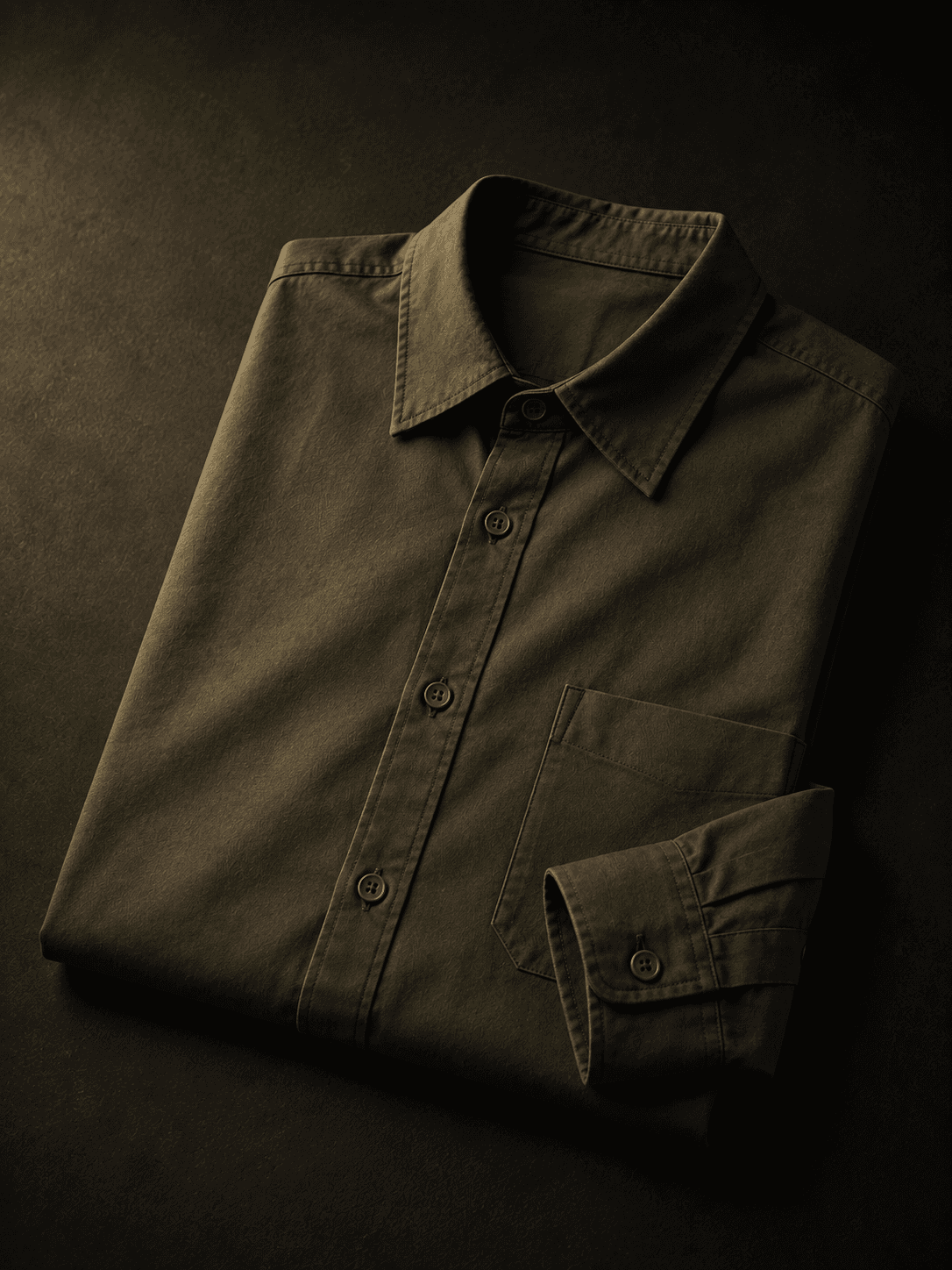 Heavy poplin shirt in olive, buttoned to the collar