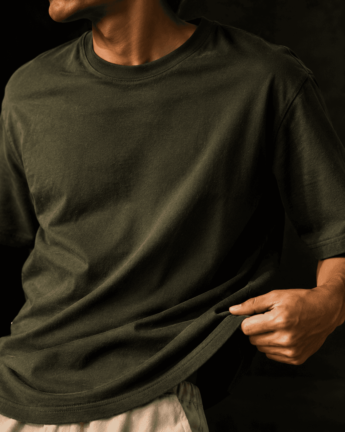 Brushed twill shirt in ink, full-length on a model